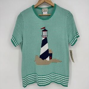90s Vintage Short Sleeve Sweater Women's Medium Green Knit Lighthouse Novelty